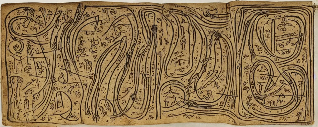 Prompt: ancient book with pictographs of spaghetti, in the style of the voynich manuscript, fine detail,