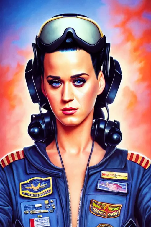 Prompt: katy perry in the movie top gun, realistic portrait, symmetrical, highly detailed, digital painting, artstation, concept art, smooth, sharp focus, illustration, cinematic lighting, art by artgerm and greg rutkowski and alphonse mucha