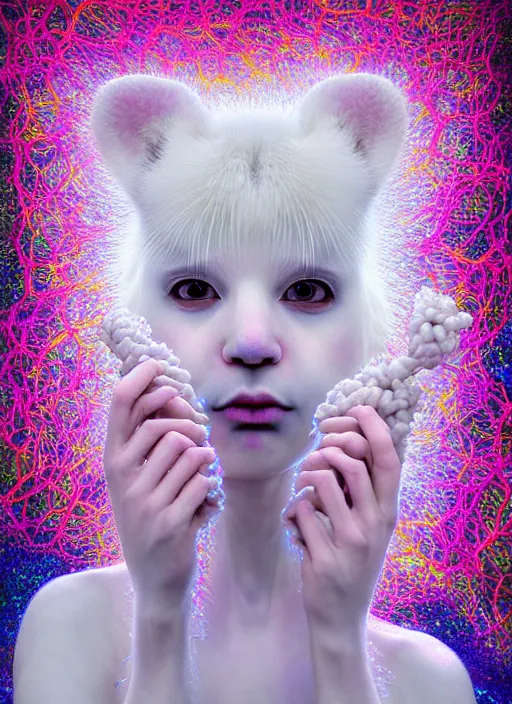 Image similar to hyper detailed 3d render like a Oil painting - kawaii portrait Aurora (white haired Singer Ferret) seen Eating of the Strangling network of yellowcake aerochrome and milky Fruit and Her delicate Hands hold of gossamer polyp blossoms bring iridescent fungal flowers whose spores black the foolish stars by Jacek Yerka, Mariusz Lewandowski, Houdini algorithmic generative render, Abstract brush strokes, Masterpiece, Edward Hopper and James Gilleard, Zdzislaw Beksinski, Mark Ryden, Wolfgang Lettl, hints of Yayoi Kasuma, octane render, 8k