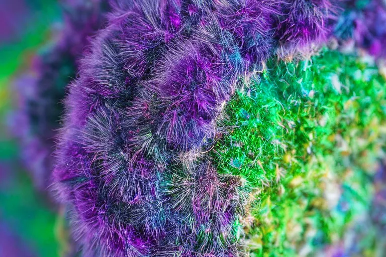 Image similar to an amazing fluffy caterpillar with psychedelic colors, macro photography, fiberous hairs and very detailed capture photography 8 k, sony, nikkon, cannon