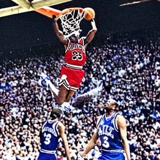 Image similar to michael jordan dunking a basketball on godzilla