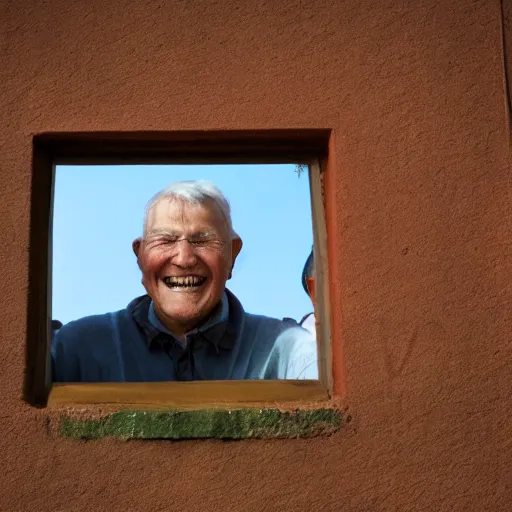 Prompt: several smiling old men seen through a small window