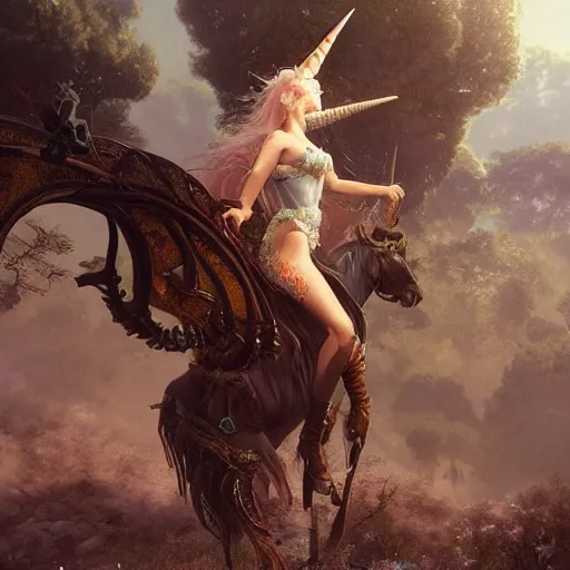 Prompt: a iridescent unicorn is injured, footsteps of blood follows behind it, toxic glowing smog in the sky, ultra realistic, concept art, intricate details, highly detailed, photorealistic, octane render, 8 k, art by artgerm and greg rutkowski and alphonse mucha