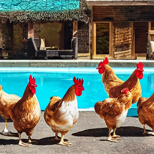 Image similar to the chickens are sunbathing by the pool, photograph