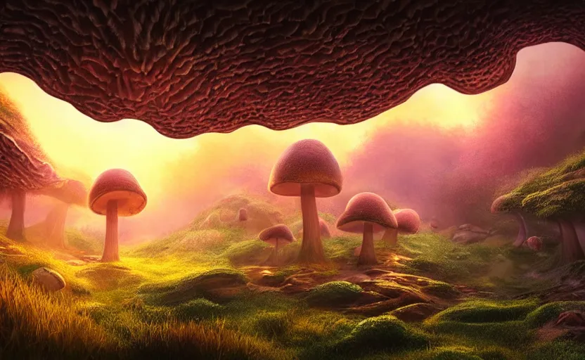 Image similar to a beautiful and stunning professional digital artwork of a humongous mushroom cave, mushroom houses, haze, waterfall, volumetric lighting, hyperrealistic, sunset, rtx on, ultra detail