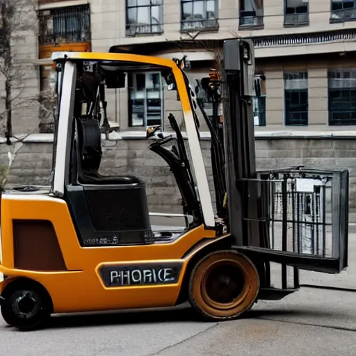 Prompt: photograph of steampunk forklift going downtown