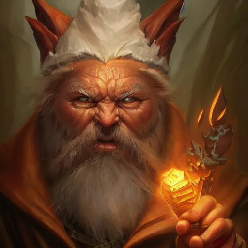 Image similar to demonist gnome with angry face, d & d, deep focus, d & d, fantasy, intricate, elegant, highly detailed, digital painting, artstation, concept art, matte, sharp focus, illustration, hearthstone, art by artgerm and greg rutkowski and alphonse mucha