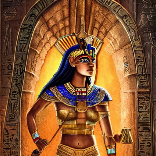 Prompt: Highly detailed illustration of Egyptian goddess Hathor defending the royal temple gates, hyper realistic, sci-fi fantasy art
