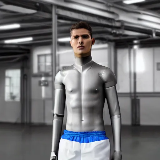 Image similar to a realistic detailed photo of a guy who is an attractive humanoid who is half robot and half humanoid, who is a male android, attractive and handsome soccer players, shiny skin, posing like a statue, blank stare, in a factory, on display, showing off his muscles, wearing soccer shorts, side view, looking at each other mindlessly