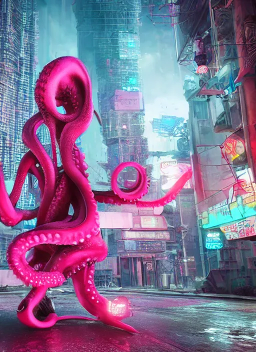 Image similar to hyperrealism, detailed textures, photorealistic 3 d cyberpunk octopus queen in apocalyptic city, futuristic clothing and helmet, neon colors, ultra realistic, cinematic, intricate, low light, unreal engine 8 k