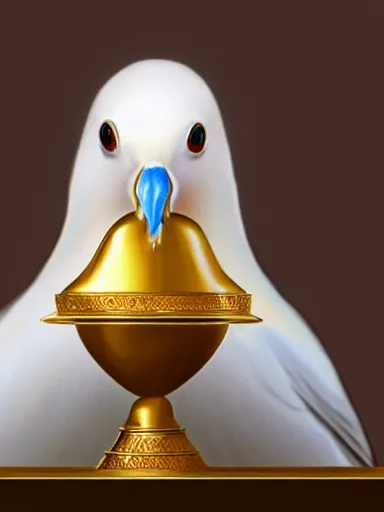 Image similar to a white dove holding a communion wafer inthe beak. a golden cup water fountain. intricate, elegant, highly detailed, digital painting, artstation, concept art, sharp focus, illustration, by justin gerard and artgerm, 8 k