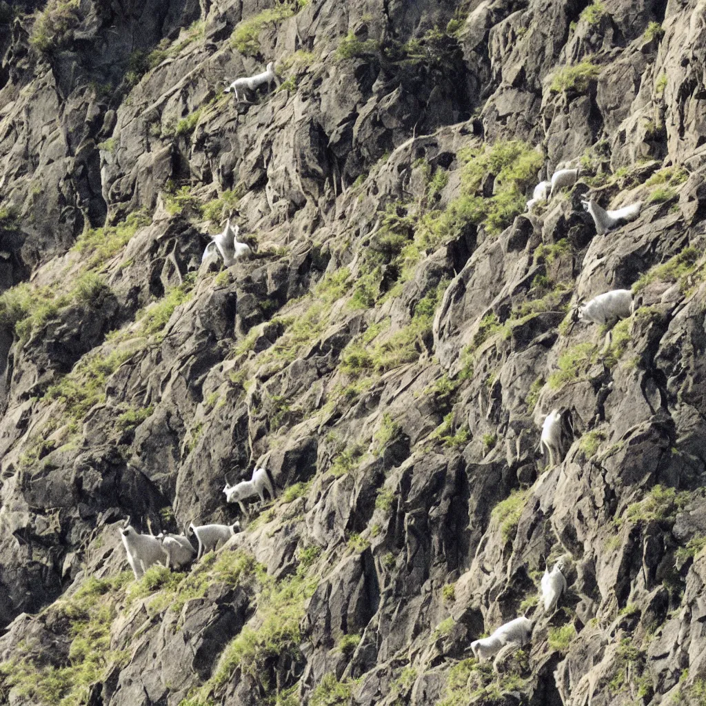 Prompt: mountain goats on a sheer cliffside, dr. suess