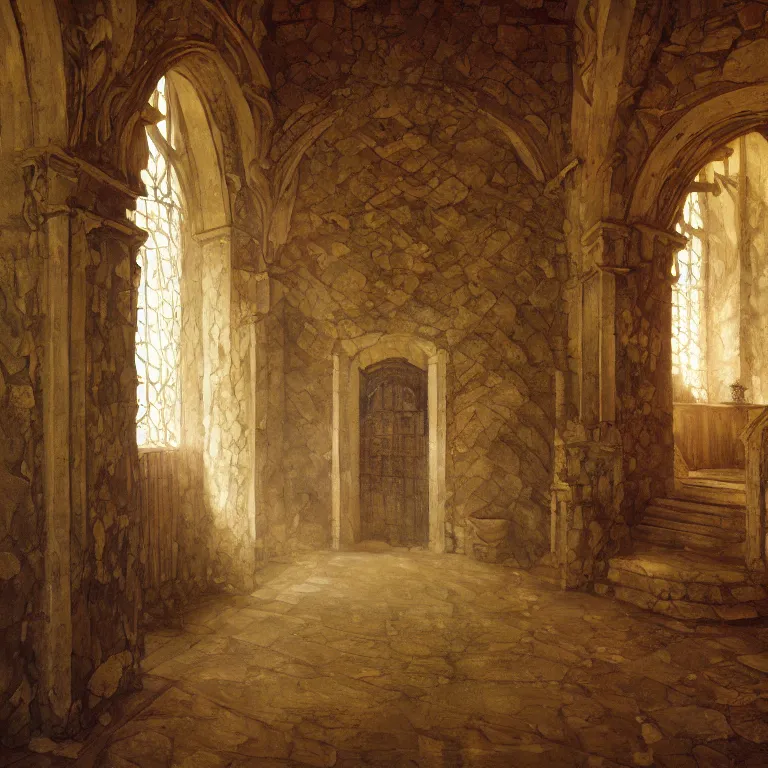 Image similar to a detailed painting of a medieval hall with wooden walls, there is a big marble statue in the middle of the hall, staircase to the second floor. fantasy poster. lord of the rings style. cinematic fantasy scene. fantasy. carl spitzweg. renaissance elements. renaissance element. oil painting. award winning. trending on artstation. 8 k