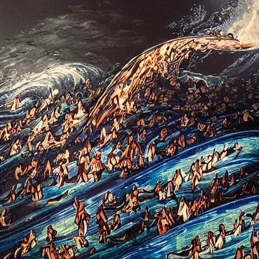 Prompt: The art installation depicts a huge wave about to crash down on three small boats. The boats are filled with people, and they all look terrified. Byzantine by Ayami Kojima experimental