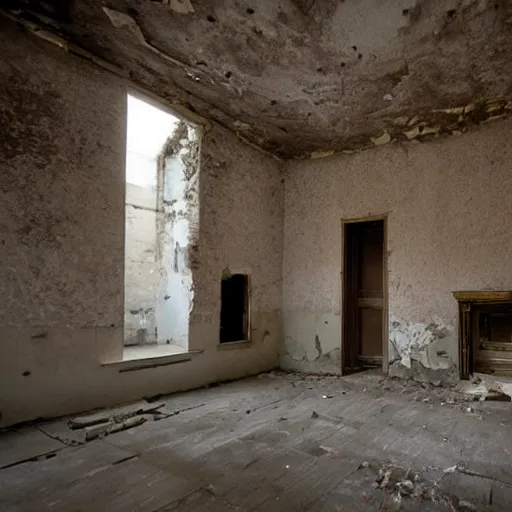 Image similar to a ethereal phantom floating over the old abandoned floor of a ancient house