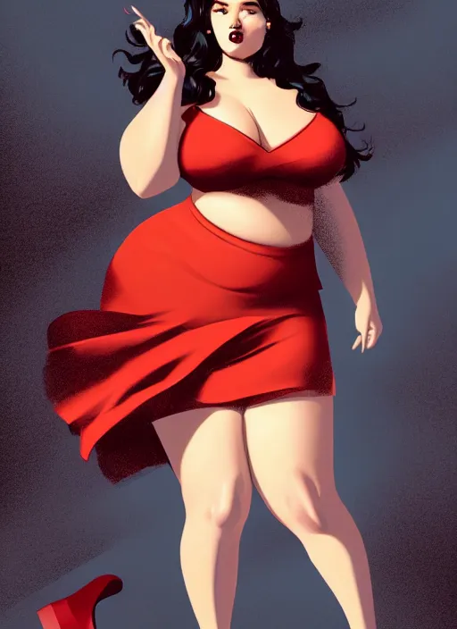 Image similar to full body portrait of teenage veronica lodge, obese, bangs, sultry, realistic, sultry smirk, wavy hair, red skirt, fat, belly, intricate, elegant, glowing lights, highly detailed, digital painting, artstation, concept art, smooth, sharp focus, illustration, art by wlop, mars ravelo and greg rutkowski