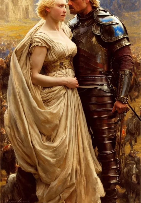 Image similar to attractive handsome fully clothed jaime lannister confesses his love for attractive fully armored brienne of tarth. highly detailed painting by gaston bussiere and j. c. leyendecker 8 k