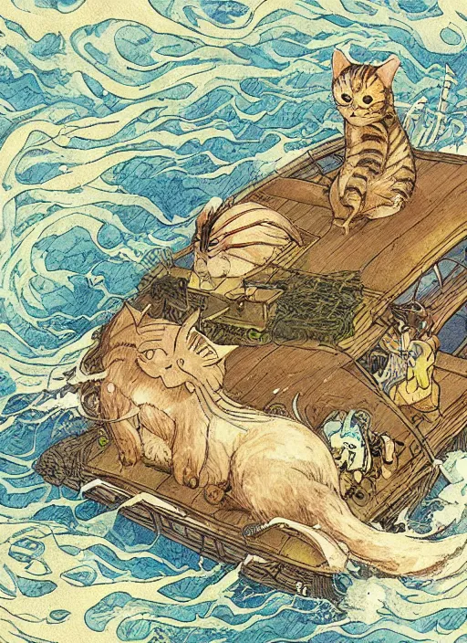 Image similar to illustration of one giant cat in the middle of the sea by miyazaki, hiroyuki kato, keisuke goto, highly detailed