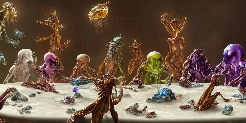 Image similar to !13 very diverse aliens enjoying a rich salad around a marble table, !positioned as last supper cinematic lighting, crystals and diamonds, fantasy, surreal, floating, highly detalied, 4k, artstation, by Wayne Barlowe