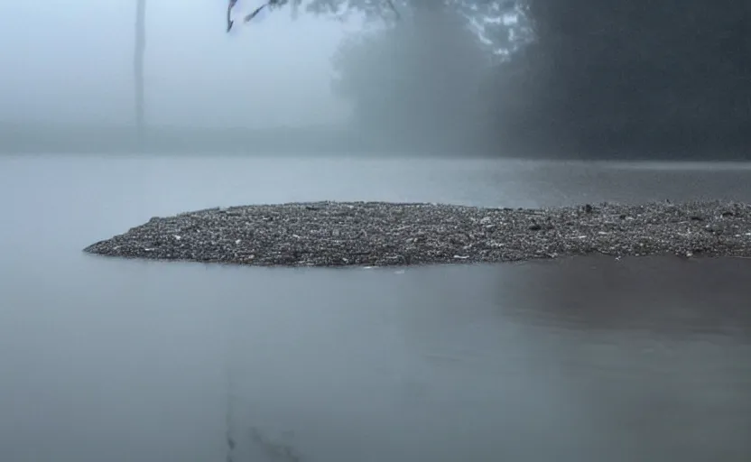 Image similar to extreme low angle camera lens partially submerged in water showing the surface of a lake, scene from a film directed by charlie kaufman ( 2 0 0 1 ), foggy volumetric light morning, extremely moody, cinematic shot on anamorphic lenses