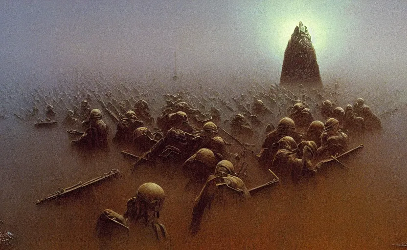 Prompt: invasion of normandy, painting in the style of zdzislaw beksinski