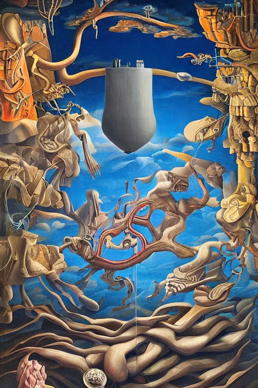 Image similar to surrealist painting full of subtle hints, mystic characters and misleading perspectives, ultrastation hq, 8 l, hyperrealistic, very highly detailed