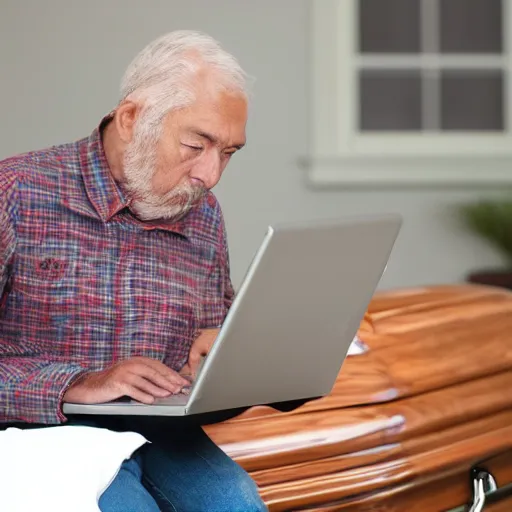 Image similar to elderly man sitting in a casket browsing internet on laptop from a casket casket