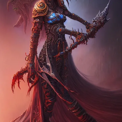 Image similar to a highly detailed long shot photo of chthonic warcraft female character by ayami kojima, beksinski, giger, intricate, digital painting, artstation, intricate, concept art, smooth, sharp focus, illustration