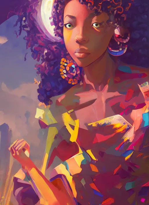 Image similar to afro - futurist artists, paint, brushes and canvas, hacking the metaverse of art | hyperrealistic oil painting | by makoto shinkai, ilya kuvshinov, lois van baarle, rossdraws | afrofuturism, in the style of hearthstone, trending on artstation | dark color scheme