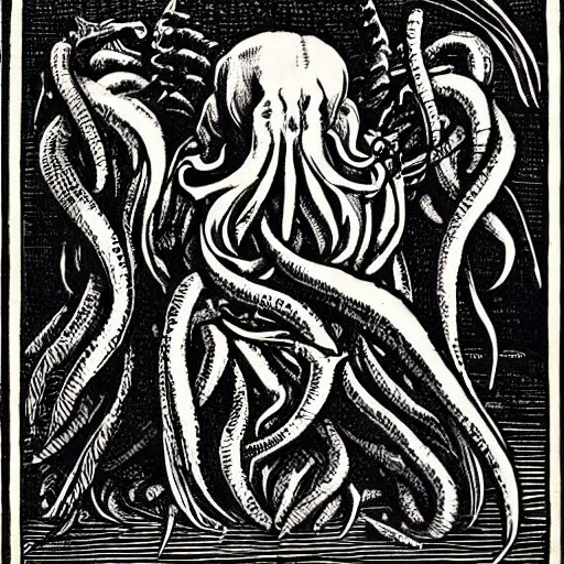 Prompt: a detailed woodcut of Cthulhu by Albrecht Durer