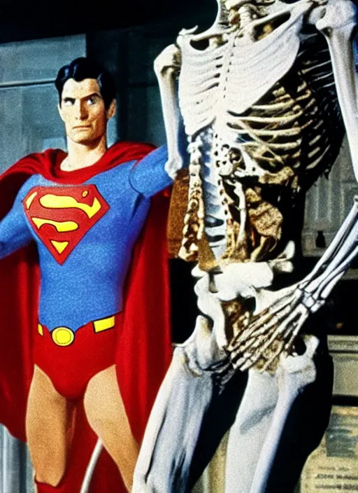 Prompt: film still of a human skeleton as superman in superman 4 k