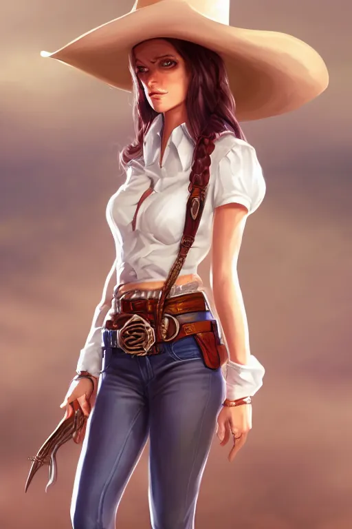 Image similar to full body, female cowgirl, perfect face, white blouse, holster, 8 k, magic the gathering, desert, d & d, artstation, high detail, smooth, sweaty