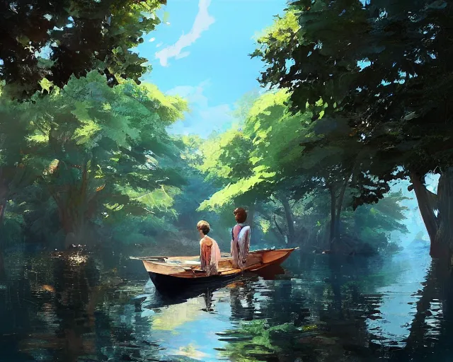 Image similar to a wooden boat in a very narrow river, trees, shady, ripples, reflections. A boy and girl are sitting in the boat. By Makoto Shinkai, Stanley Artgerm Lau, WLOP, Rossdraws, James Jean, Andrei Riabovitchev, Marc Simonetti, krenz cushart, Sakimichan, trending on ArtStation, digital art.