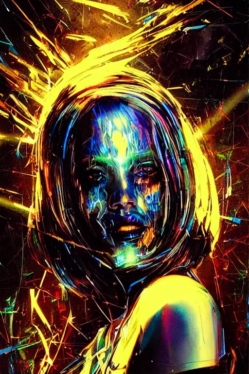 Image similar to portrait, headshot, digital painting, an beautiful techno - witch lady in circuit electronic mask, opalescent, synthwave, glitch, vhs, fracture,, realistic, hyperdetailed, chiaroscuro, concept art, art by john berkey