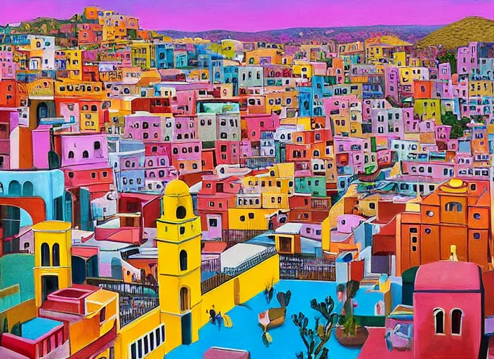 Image similar to guanajuato city, a beautiful painting representative of the art style of wes anderson and spike jonze