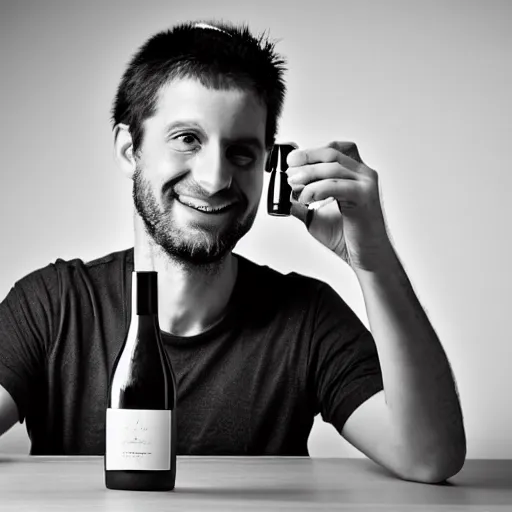 Prompt: portrait of a 3 0 years old frenchman in 2 0 2 0 seated at a table with a bottle of wine. award winning photography, 5 0 mm, studio lighting, black and white, contrasted.