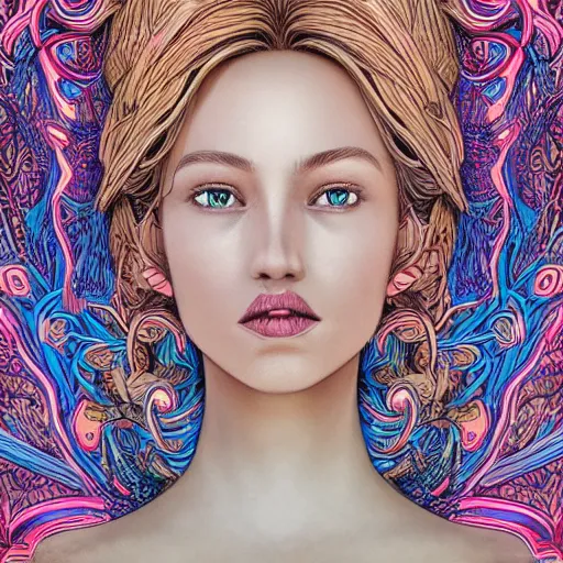 Image similar to the portrait of an unbelievably beautiful woman partially made of onion rings, an ultrafine detailed illustration by james jean, final fantasy, intricate linework, bright colors, behance contest winner, vanitas, angular, altermodern, unreal engine 5 highly rendered, global illumination, radiant light, detailed and intricate environment