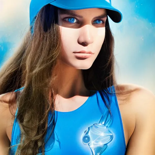 Image similar to photo of a gorgeous caucasian female with long brown hair with light blue ends in the style of stefan kostic, tank top, visor, realistic, cyberpunk, body shot, sharp focus, 8 k high definition, insanely detailed, intricate, elegant, art by stanley lau and artgerm, floating embers