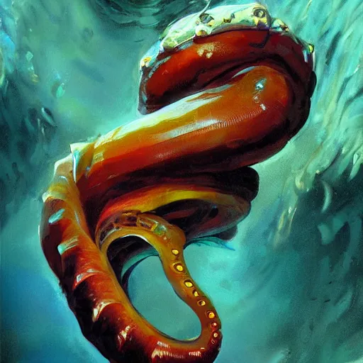 Prompt: Underwater Tentacle Pandomonium;Art by Greg Manchess, Art Direction by Jeremy Jarvis; painting spiraling inward; Deep sea horror; teeth and eyes; illustration