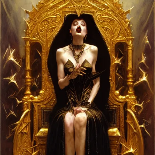 Image similar to full body portrait of beautiful vampire queen in gold gothic robes sitting on a throne of bones, elegant, highly detailed painting by gaston bussiere, craig mullins, j. c. leyendecker, 8 k, mid shot