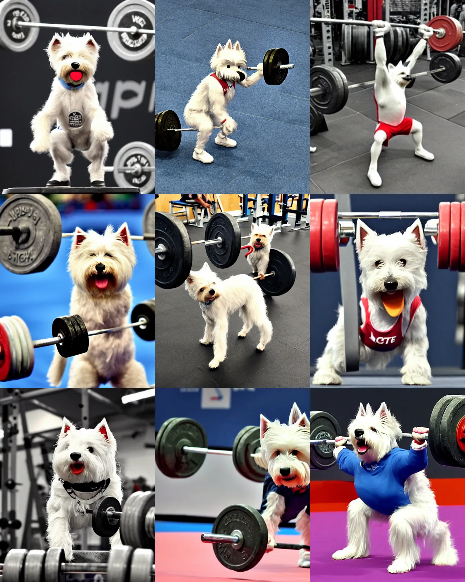 Prompt: a photo of an anthropomorphic anthropomorphic westie weight lifting weightlifting barbell up in olympic