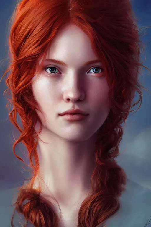 Prompt: ultra realistic style illustration of a beautiful cute red haired joyful young woman, full portrait, long hair, sci - fi, fantasy, intricate, elegant, digital painting, artstation, concept art, smooth, sharp focus, 8 k frostbite 3 engine, ultra detailed, art by artgerm and greg rutkowski and magali villeneuve