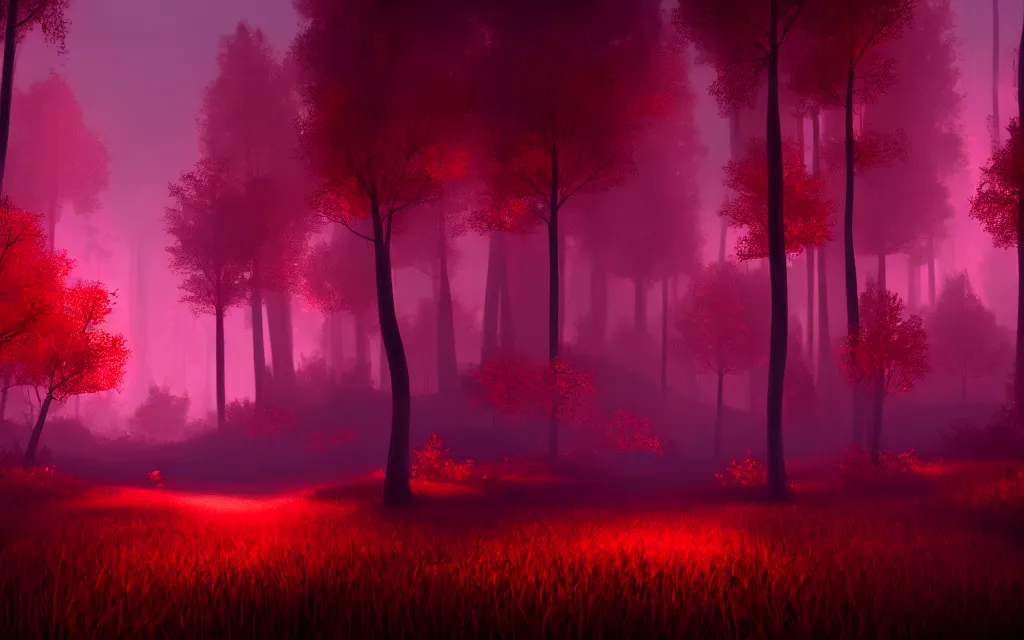 Image similar to gloomy sparse fairytale forest with a beautiful sparkling stream of glowing red water flowing through, visual novel key visual, award - winning digital art on pixiv, trending on artstation - cinematic lighting, dramatic lighting, stunning and beautiful scenery - highly detailed, hyperrealistic, unreal engine 5, in the style of kingdom hearts