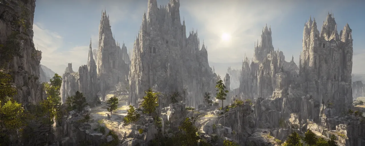 Image similar to white monastery with large tower upon sheer lime cliffs, a ray of sun illuminating, unreal engine 5, high fantasy, extremely detailed