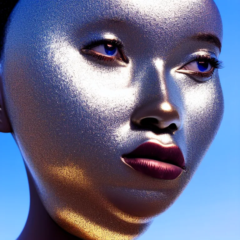 Prompt: portrait of metallic face, african woman, mercury, reflections, smooth liquid metal texture, proud looking, outdoor, nature, blue sky, 8 k, realistic, depth of field, highly detailed, art photography