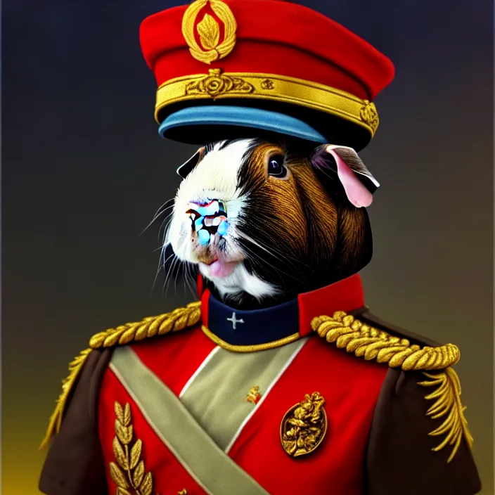Image similar to guinea pig general wearing his uniform, looking proud as if he had won the battle. award winning, portrait bust, symmetry, faded colors, by larry elmore, masterpiece, trending on artstation, cinematic composition, beautiful lighting, hyper detailed!!!, 8 k, oil on canvas
