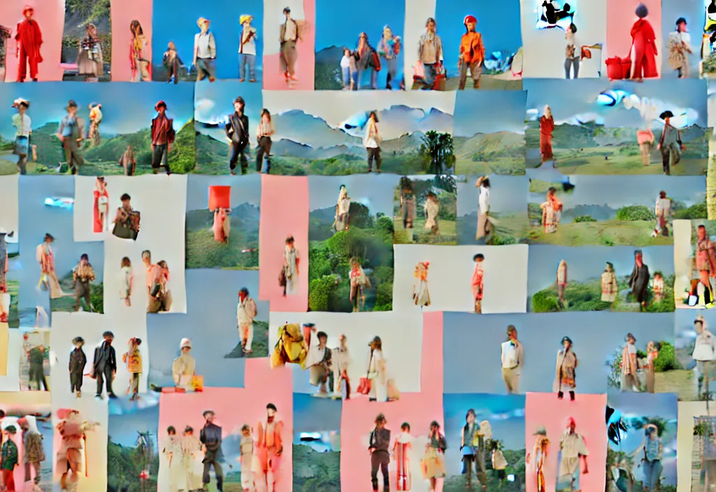 Image similar to full frame a single image, a row of a several european tourists standing with a variety of poses and props, several character designs, rural japan, a collage painting, in the style of wes anderson, lola dupre, david hockney, isolated on negative white space background dark monochrome neon spraypaint accents volumetric octane render