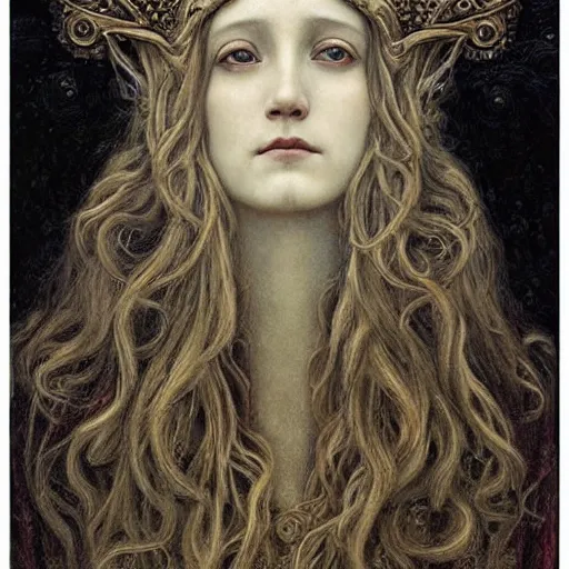 Image similar to detailed realistic beautiful young medieval queen face portrait by jean delville, brooke shaden, gustave dore and marco mazzoni, art nouveau, symbolist, visionary, gothic, pre - raphaelite, ornate gilded medieval icon, surreality