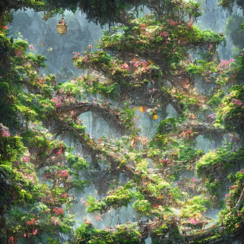 Image similar to a beautiful nature civilization, fancy, flowers, bridges, nature city, people, tree houses, trending on artstation, behance, deviantart