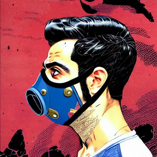 Image similar to a profile photo of a persian man with a diving mask with side profile blood in ocean intricate details by MARVEL comics and Sandra Chevrier-C